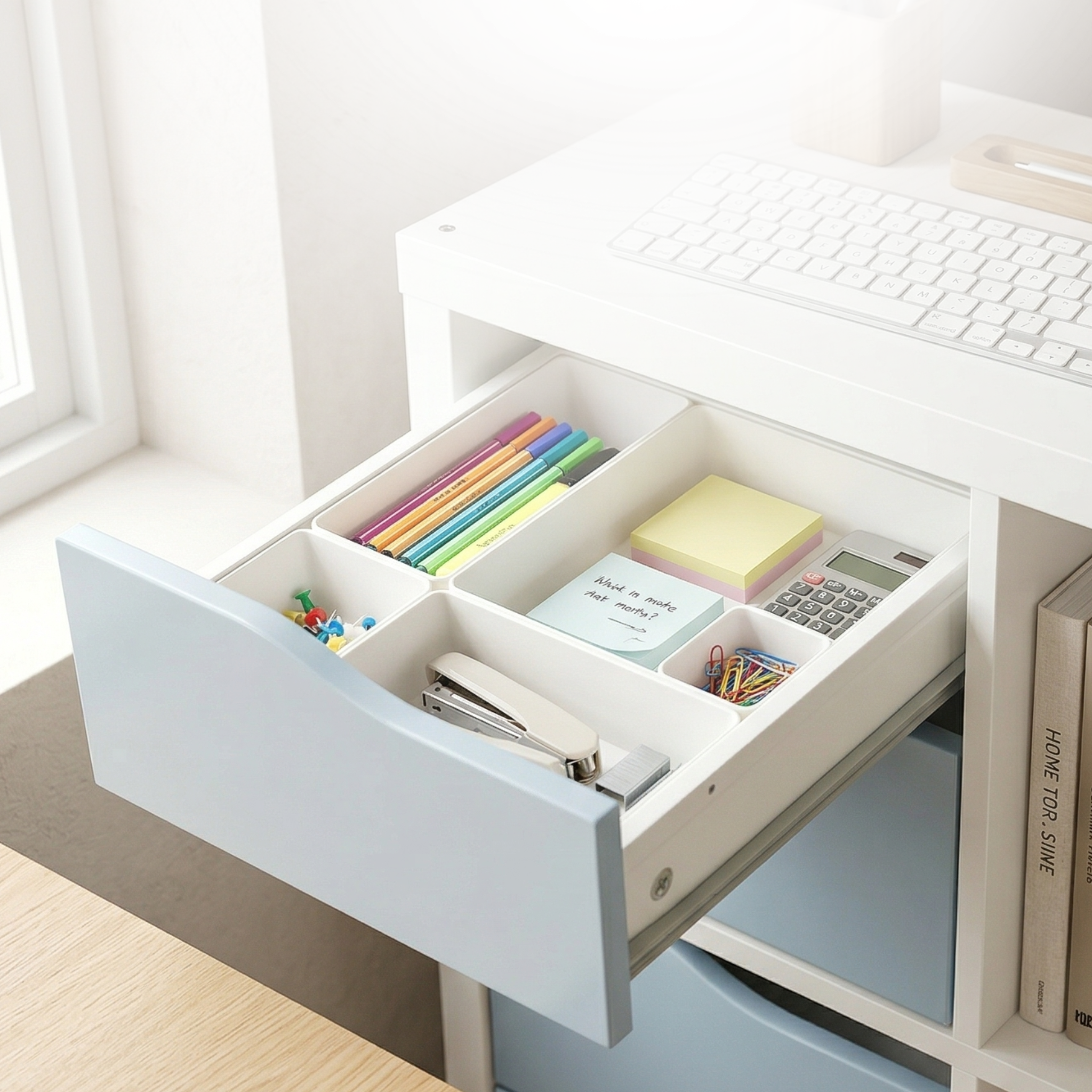 3D printed drawer insert organizer inside an IKEA Kallax unit, sorting colorful markers, sticky notes, calculator, stapler, and paper clips in a clean home office desk setup
