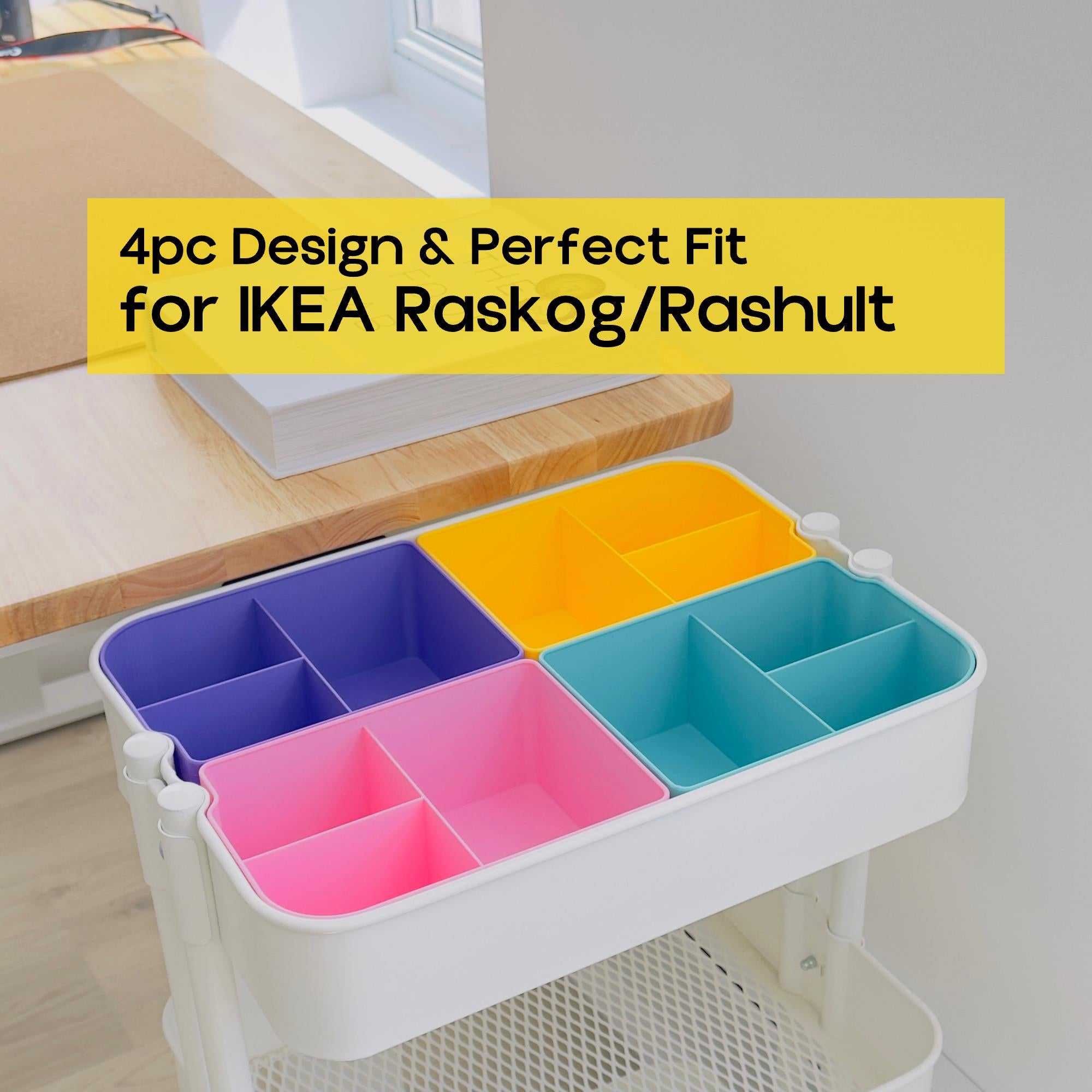 Cart Organizer Bins for IKEA Raskog, 4 PC Set | 3D Printed Storage Inserts | Custom Cart Dividers | Kitchen Office & Craft Organization