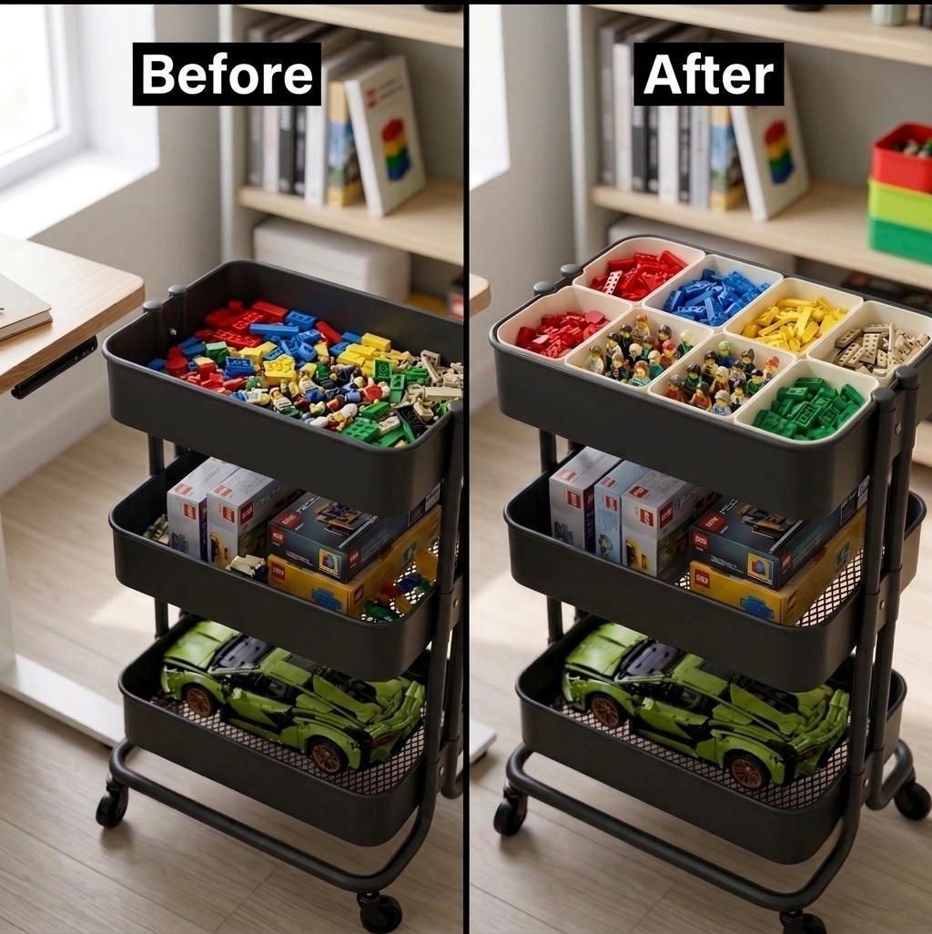 Storage Cart Organizer for IKEA Raskog | Modular Rolling Cart Insert Bins for Sorting Bricks, Minifigures & Sets