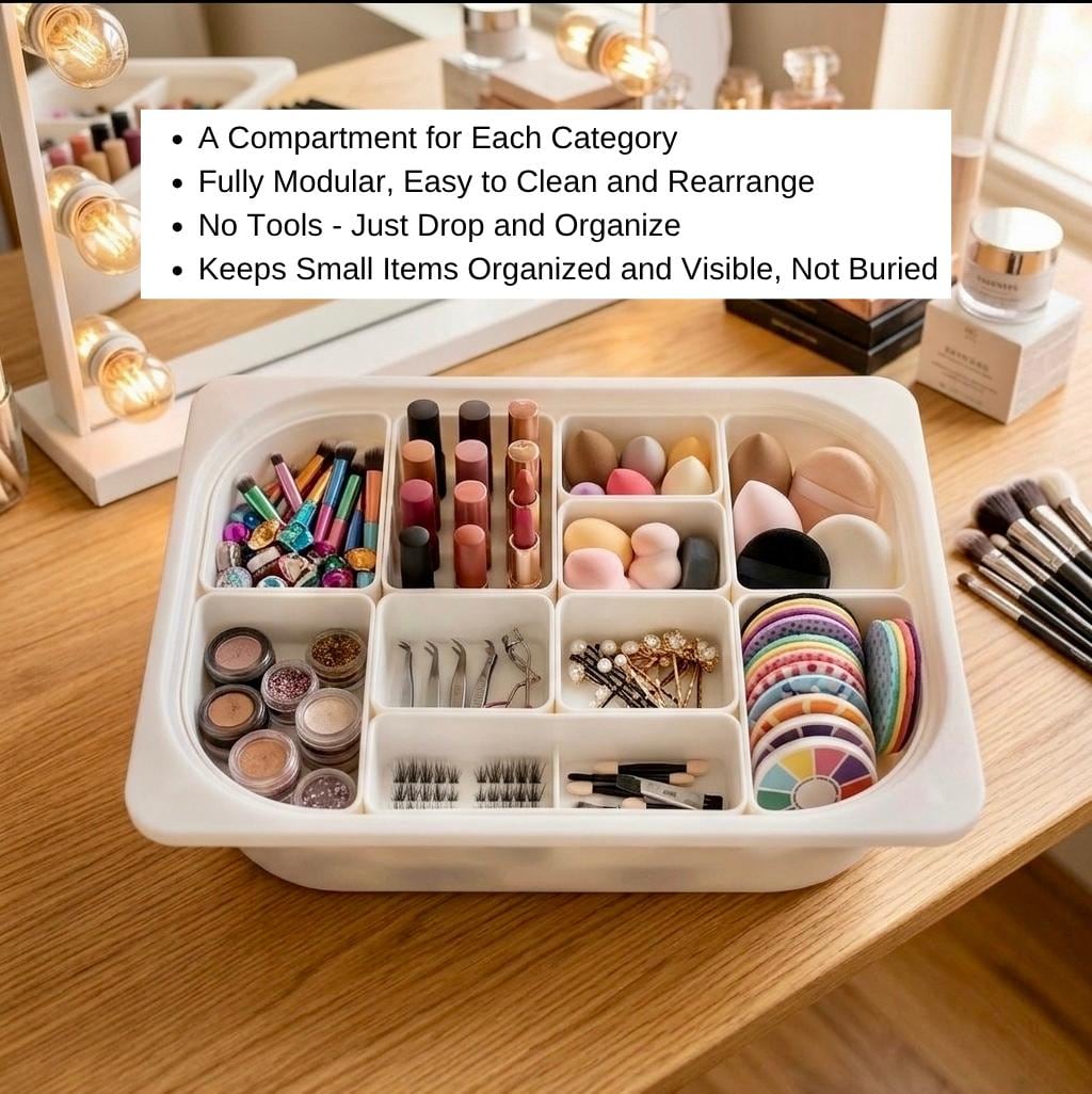 Makeup Storage Tray Inserts for IKEA Trofast Bin | Modular Organizer for Palettes, Lipstick & Skincare, Beauty Drawer Organization