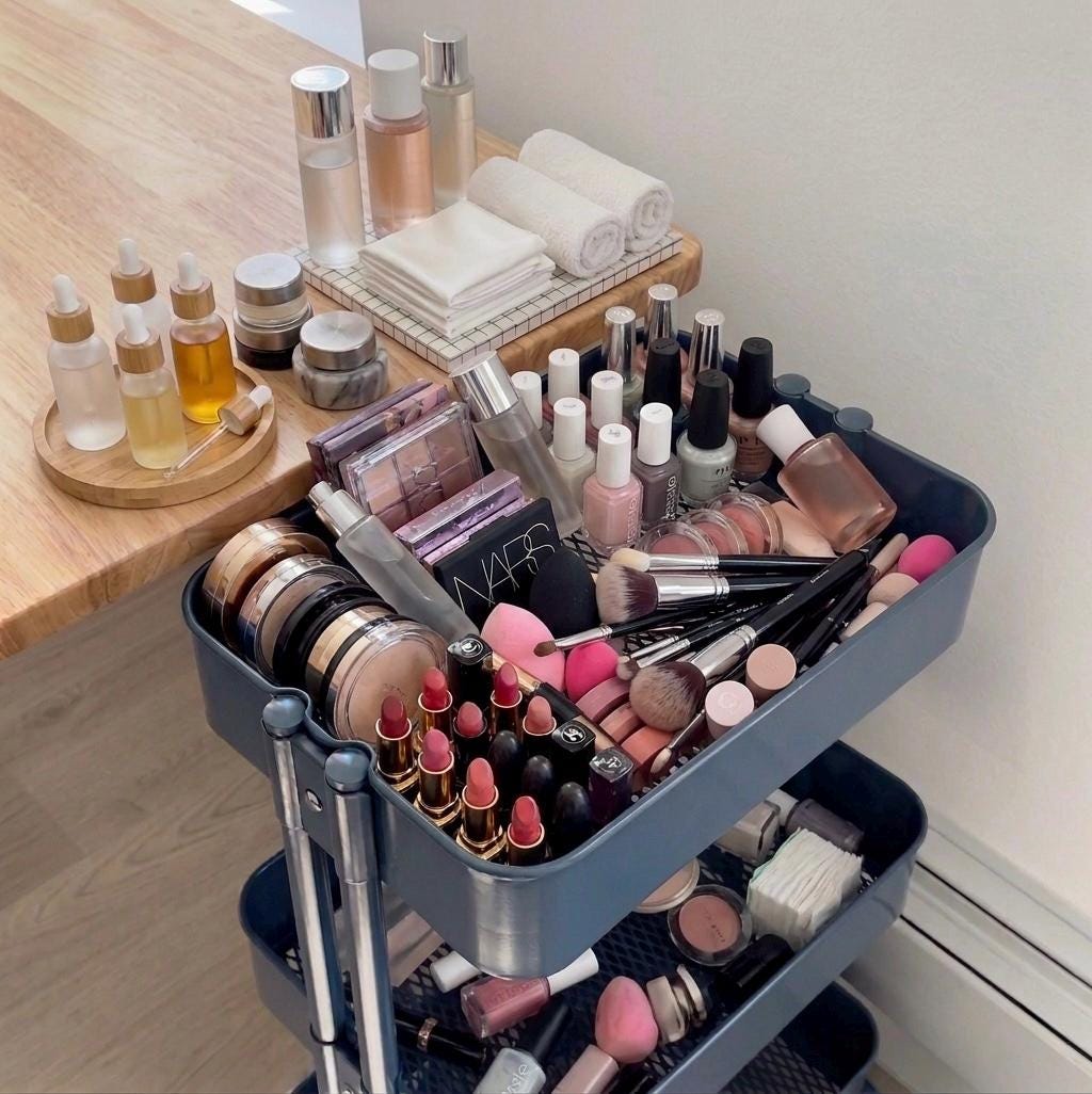 Makeup Storage Cart Organizer for IKEA Raskog | Modular Beauty Cart Bins for Cosmetics, Skincare & Content Creator Setups