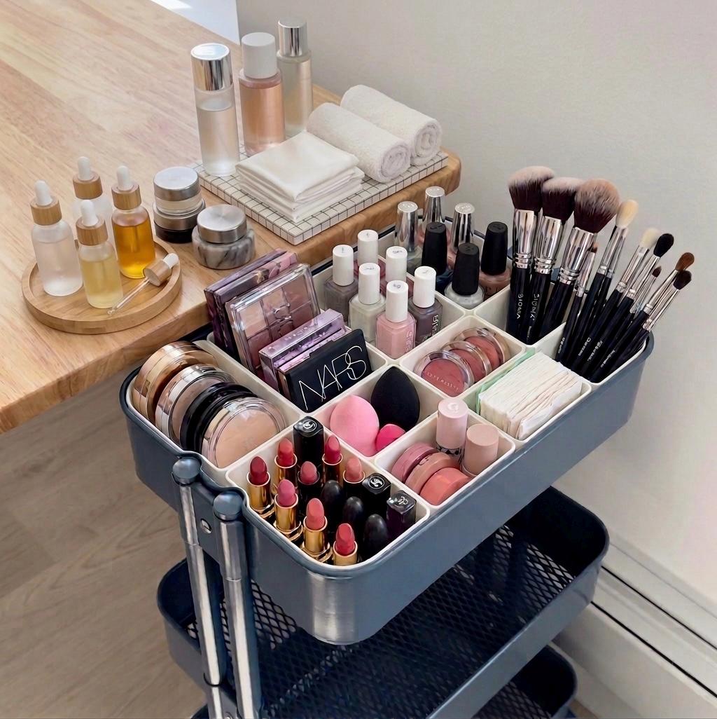 Makeup Storage Cart Organizer for IKEA Raskog | Modular Beauty Cart Bins for Cosmetics, Skincare & Content Creator Setups