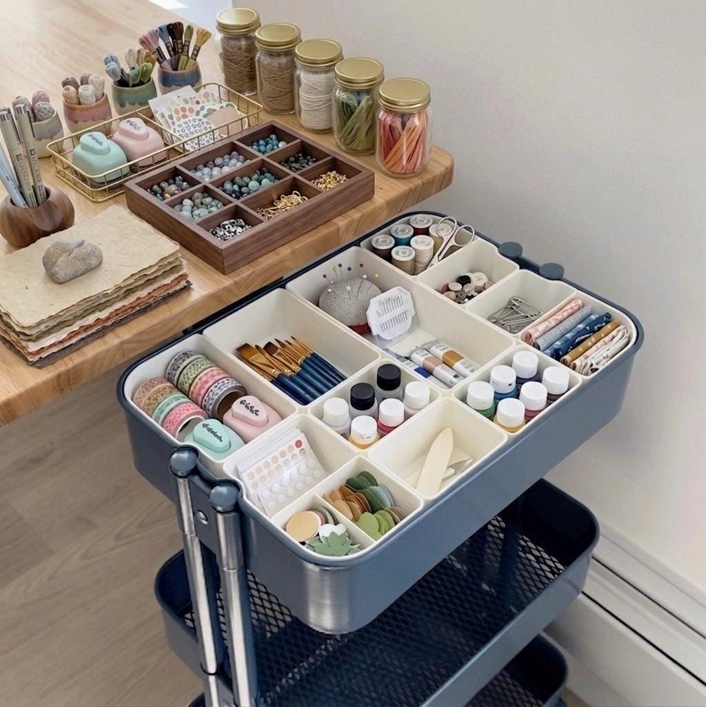 Craft Cart Organizer for IKEA Raskog | Modular Storage Bins for Sewing, Painting & Scrapbooking Supplies, Mobile Craft Room Cart