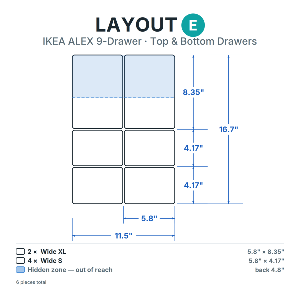 Layout E — ALEX 9-Drawer, 1.75" & 2.9" inserts